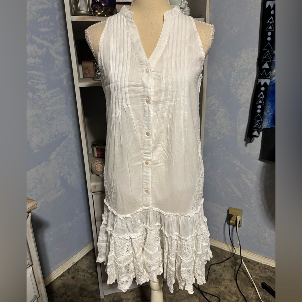 White Sleeveless Lace Dress button down boho flowy small - Picture 5 of 15